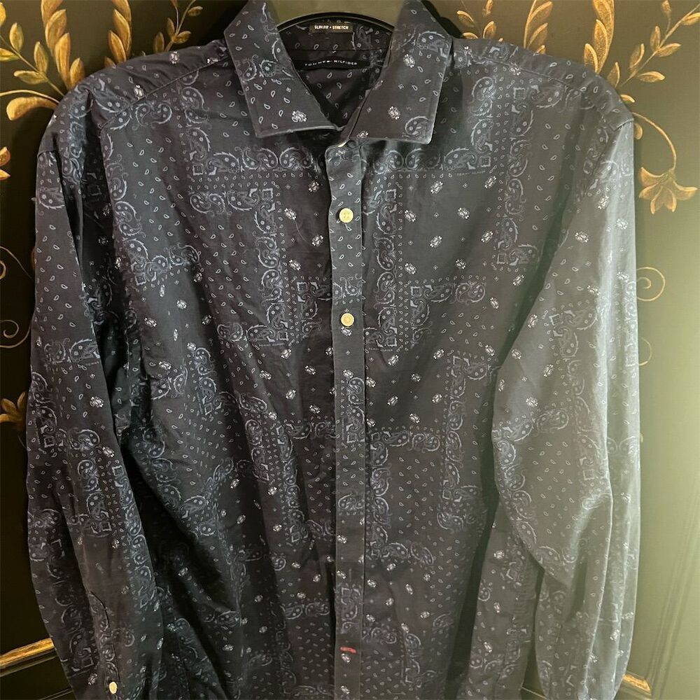 Tommy Hilfiger Men's Slim Fit Paisley Dress Shirt Multicolor Size L